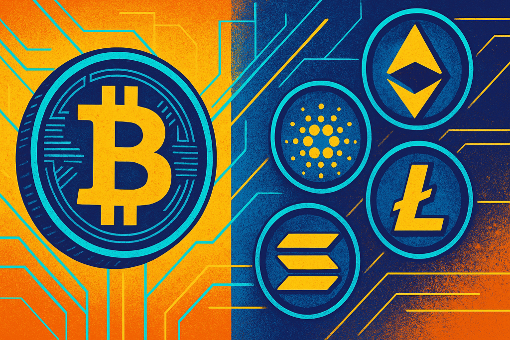 Illustration comparing Bitcoin and various popular altcoins visually.