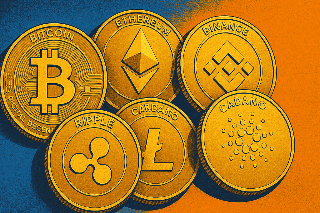 Physical crypto coin collection representing diverse popular altcoins.