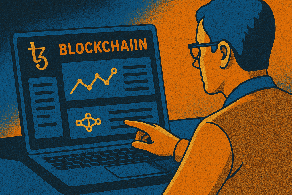 Developer interacting with Tezos blockchain dashboard on laptop