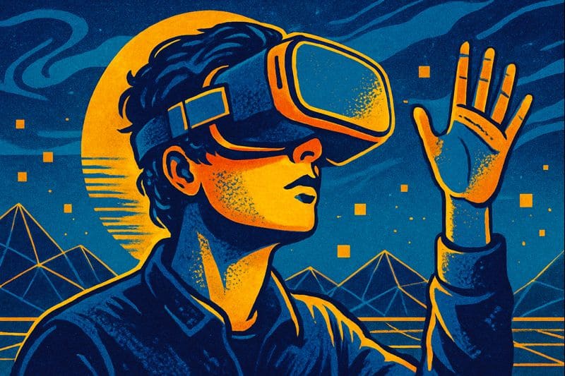 Person wearing VR headset exploring virtual environment