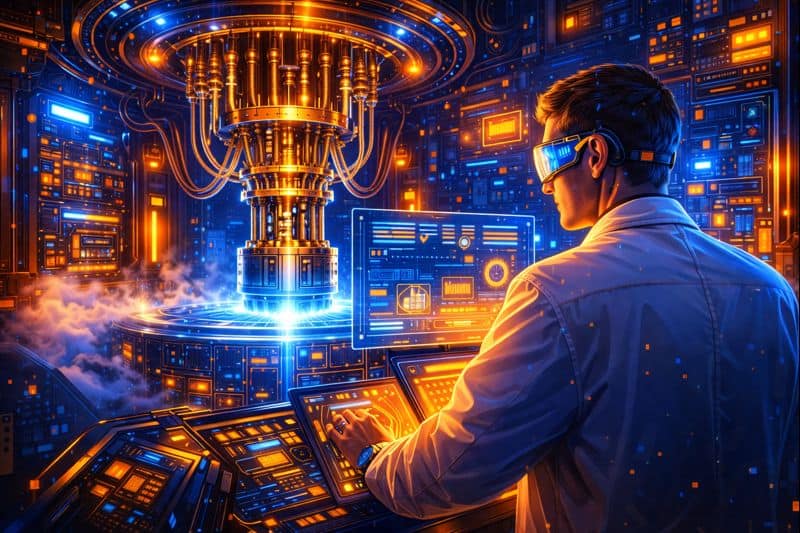 Researcher operating a quantum computing system in a laboratory setting