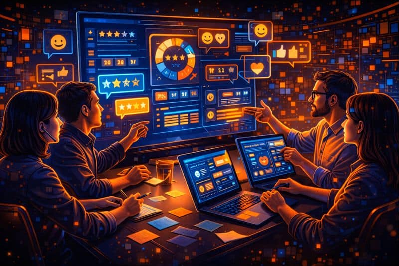 Customer service team reviewing user feedback and sentiment data on computer screens