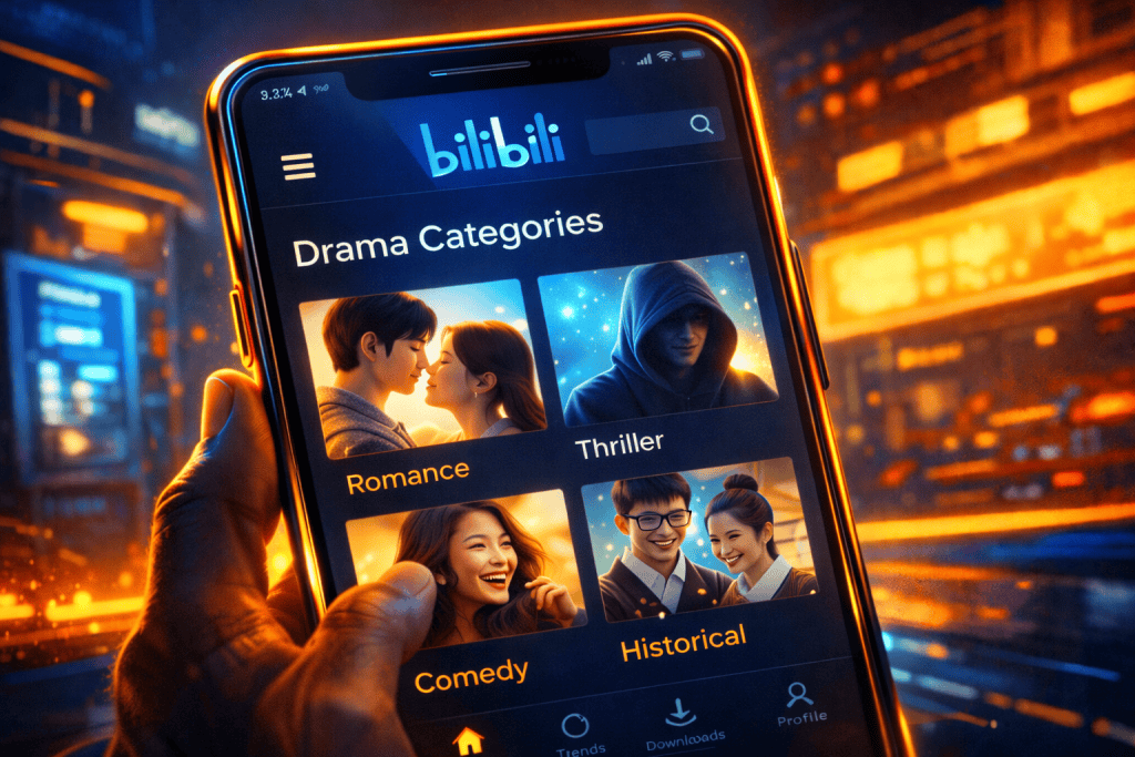 Bilibili app interface showing drama categories and search.