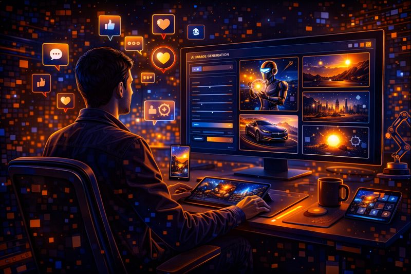 Marketer creating social media visuals using an AI image generation platform