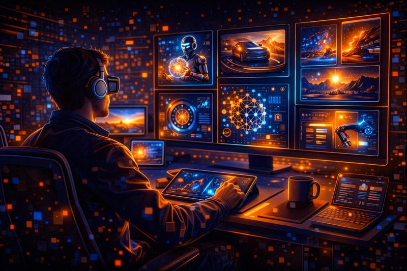 Designer reviewing multiple AI-generated image concepts on a desktop screen