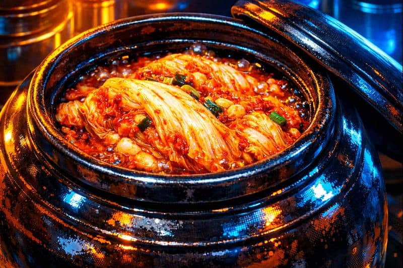 Traditional napa cabbage kimchi fermenting in a ceramic jar