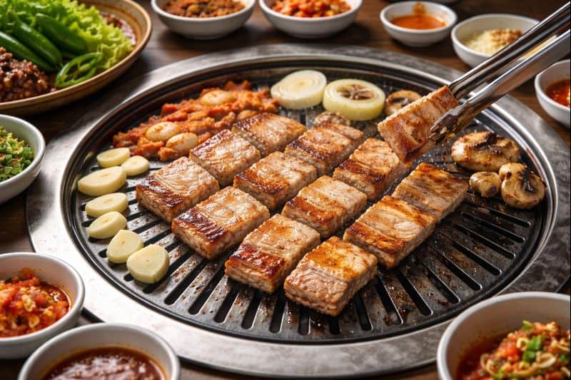 Korean pork belly grilling on a tabletop barbecue