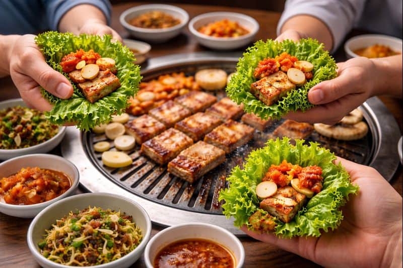 Group of people sharing grilled pork belly with lettuce wraps