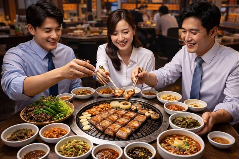 Korean coworkers sharing pork belly and side dishes at a restaurant