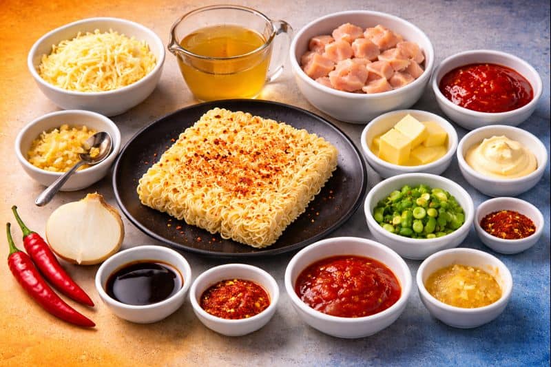 Ingredients for buldak ramen arranged neatly on counter