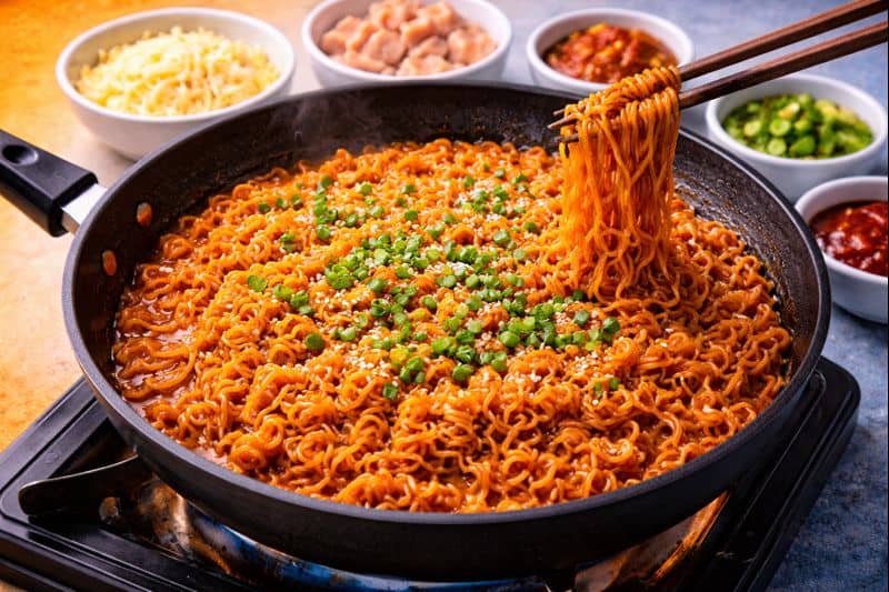 Spicy sauce coating noodles evenly in pan