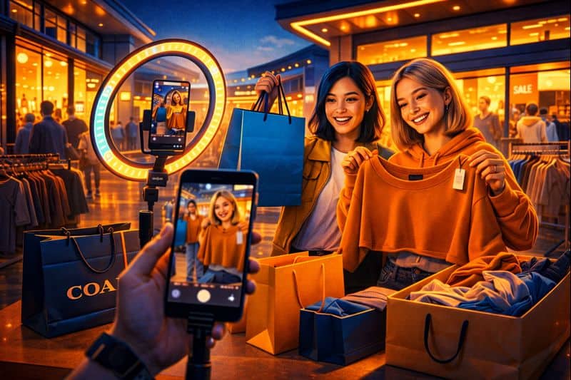 Visitors filming shopping hauls inside outlet mall