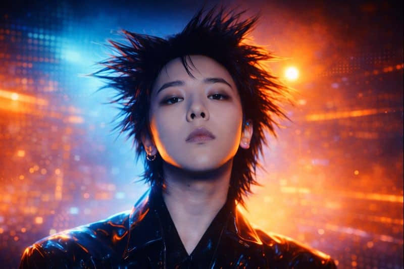 Spiky-haired idol portrait with neon blue-orange glow.