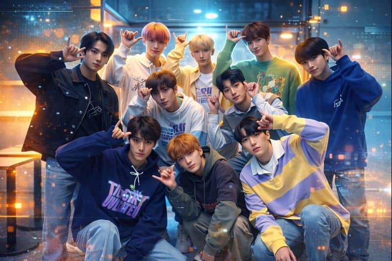 Ten idols pose in neon-lit radio station lobby.