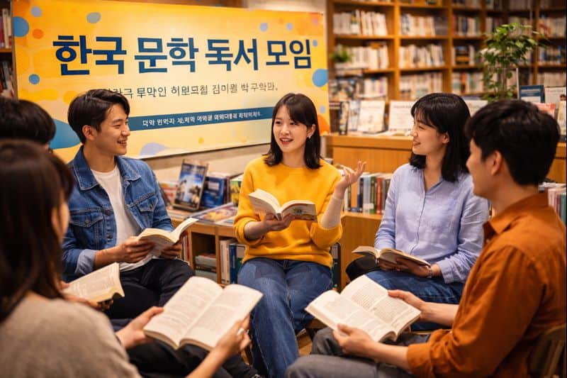 Readers discussing books during a Korean literature event