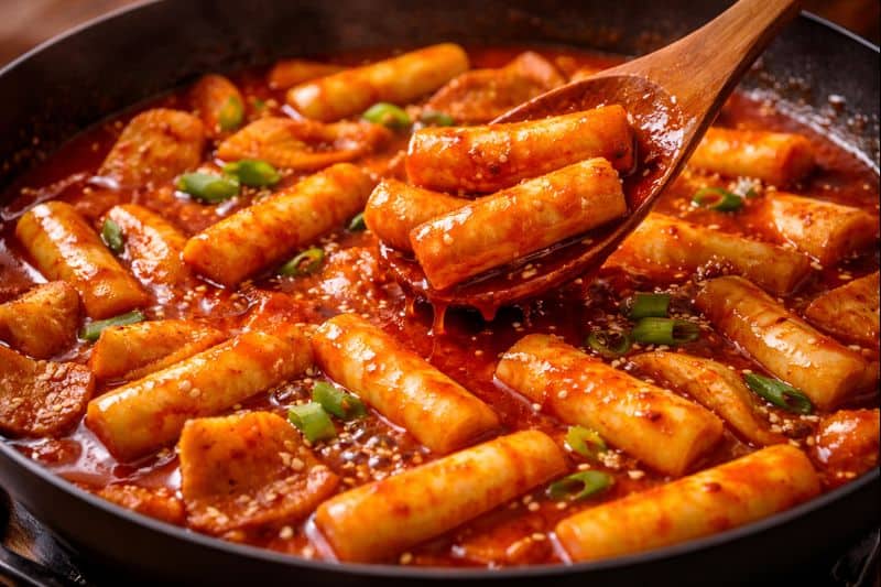 Rice cakes coated in thick spicy red sauce cooking.