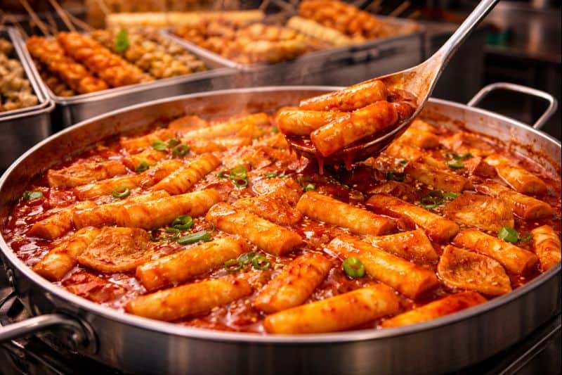 Large pan of tteokbokki at street food stall.