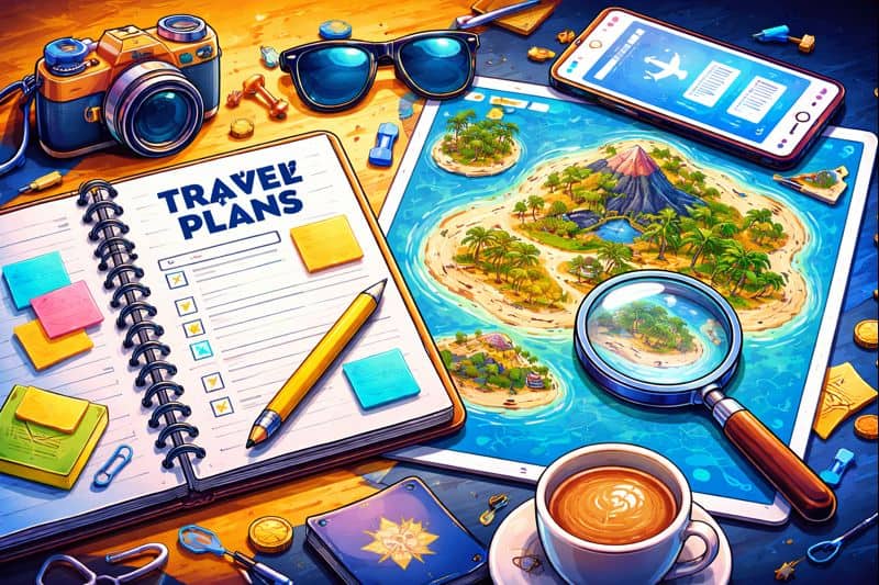 Travel planning tools with notebook and island map.