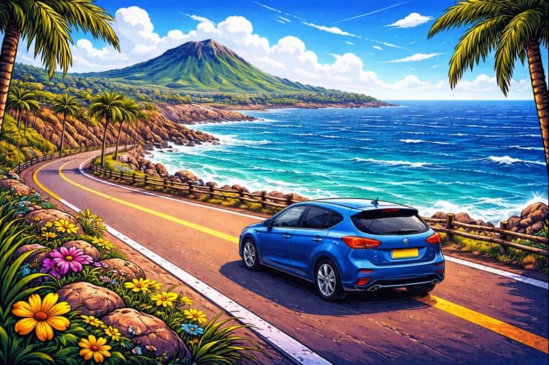 Car driving along Jeju coastal road.