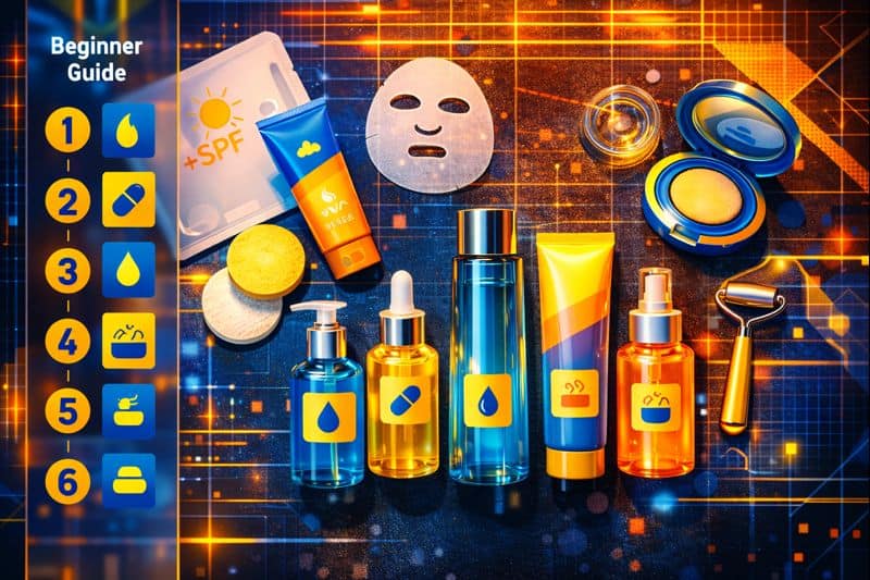 Essential Korean skincare products neatly labeled for beginners