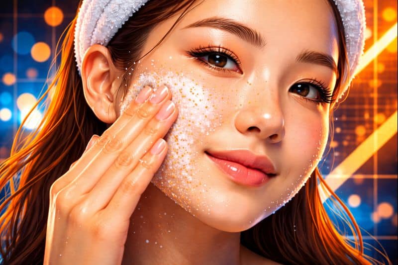Gentle exfoliation technique on facial skin close-up