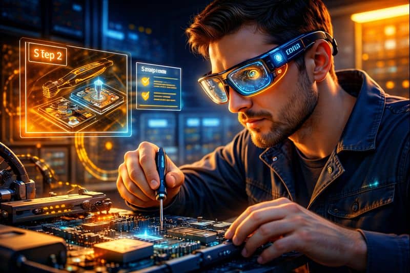 User wearing Ar Glasses while receiving step-by-step visual instructions at work