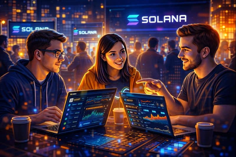 Developers collaborating at Solana blockchain community event