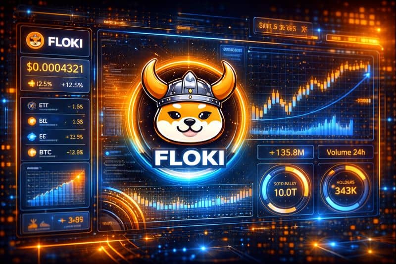 Floki Coin logo shown on digital cryptocurrency dashboard