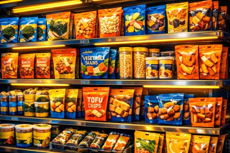 Assorted healthy Korean snacks neatly displayed on store shelves