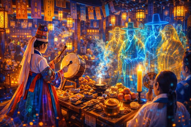 Ancient Korean shaman ritual honoring spirits and ancestors