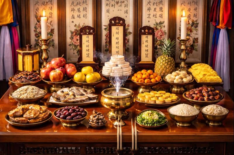Traditional ancestor memorial table with food offerings displayed