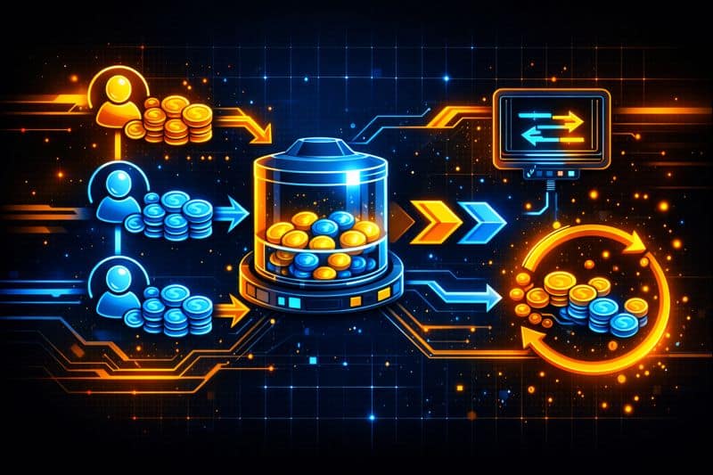 Users adding tokens, executing trades, and earning fees in a Liquidity Pool.