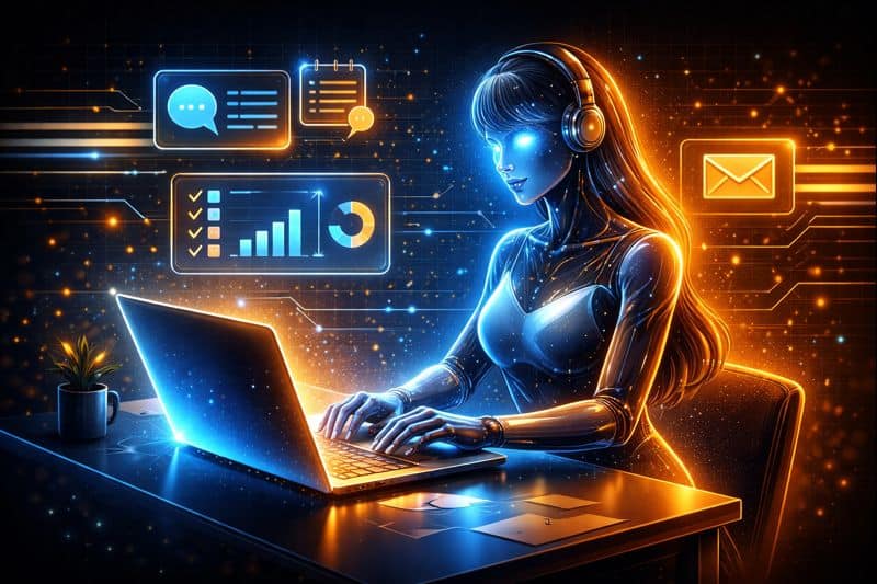 A virtual assistant working on a laptop