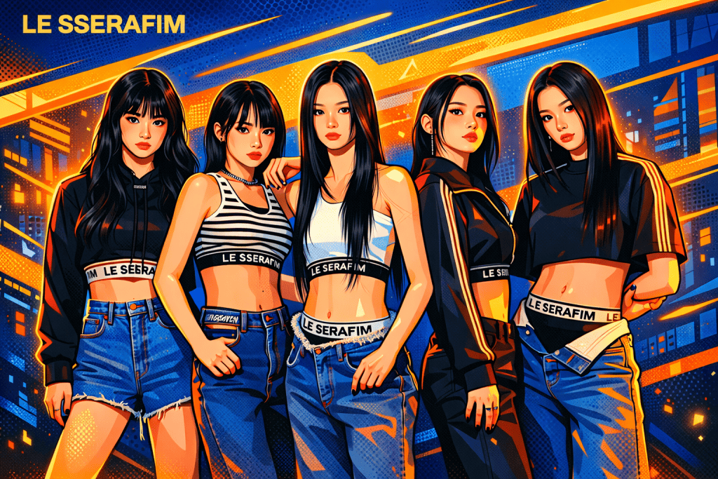LE SSERAFIM in bold cyberpunk pop portrait style