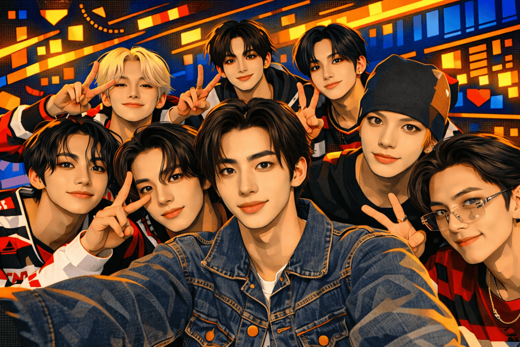 ENHYPEN boy group in playful cyberpop selfie