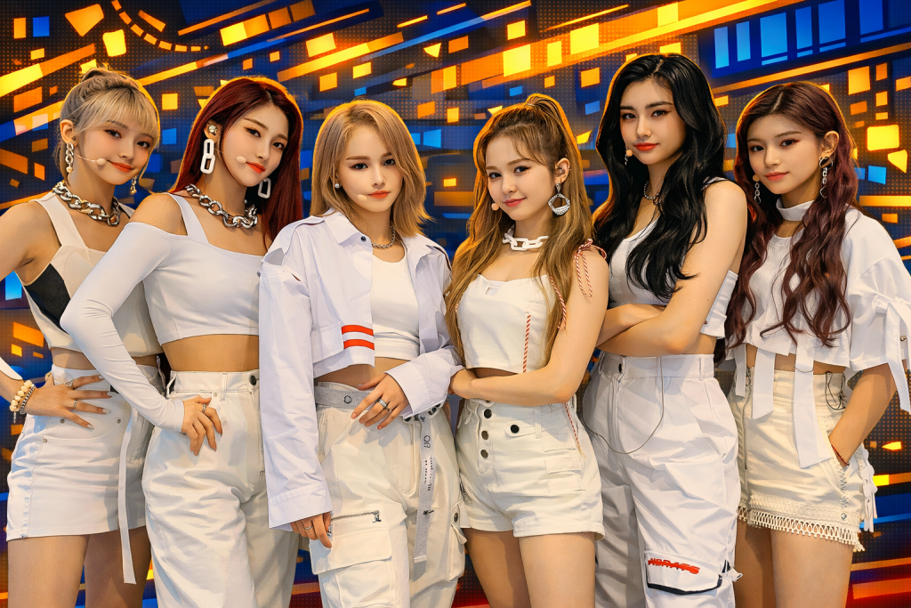 Everglow girl group in white cyberpop stage portrait