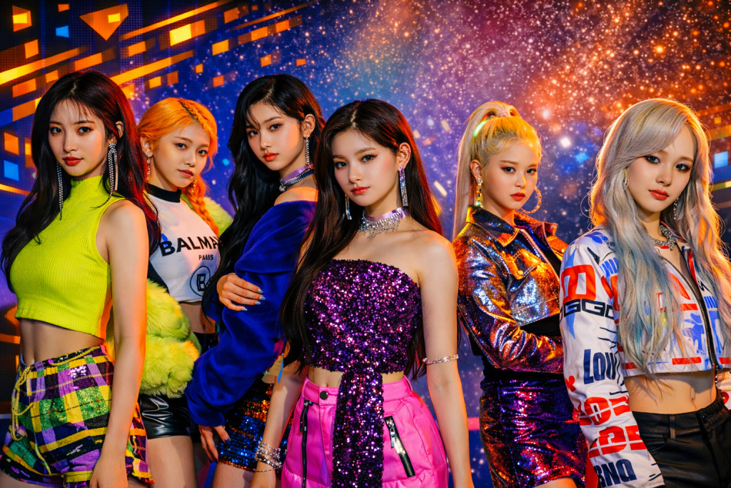 Everglow girl group in vivid cyberpop galaxy portrait