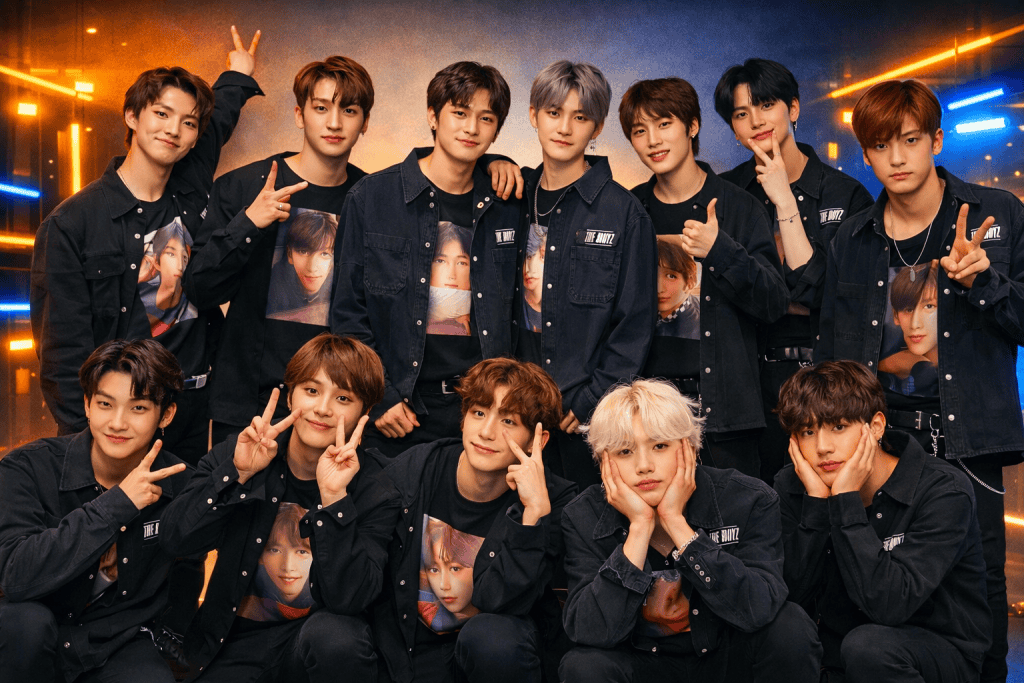 The Boyz Members in Koreafiz neon backstage group portrait