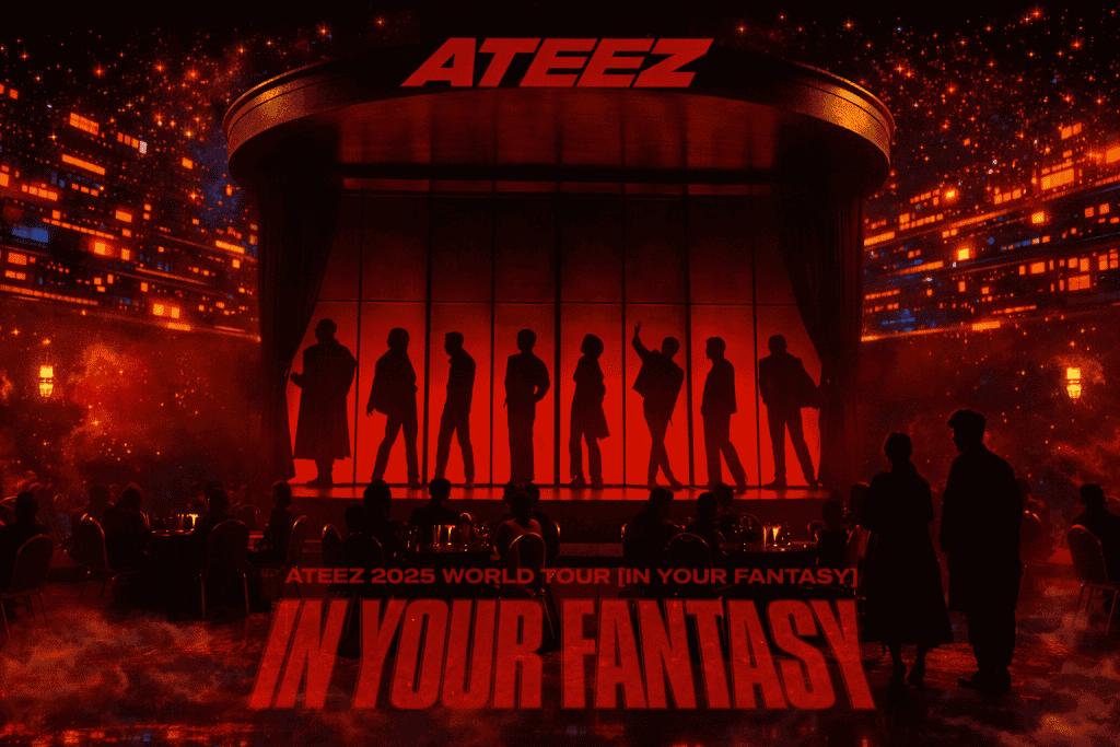 ATEEZ fantasy tour poster in dramatic red cyberpop