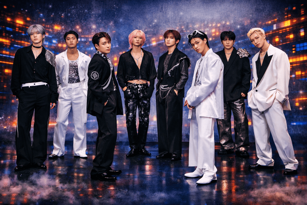 ATEEZ boy group in dramatic red cyberpop stage