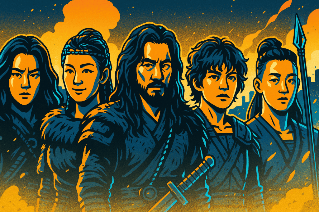 Main Arthdal warriors standing together in ancient battlefield.