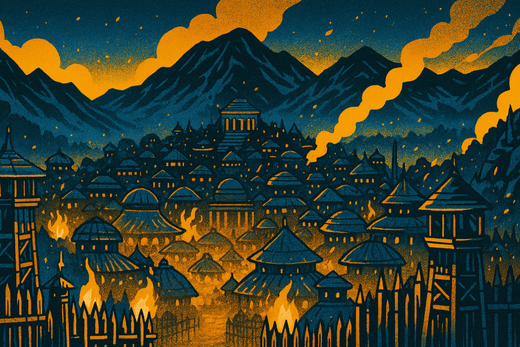 Arthdal city skyline glowing with fires at night.