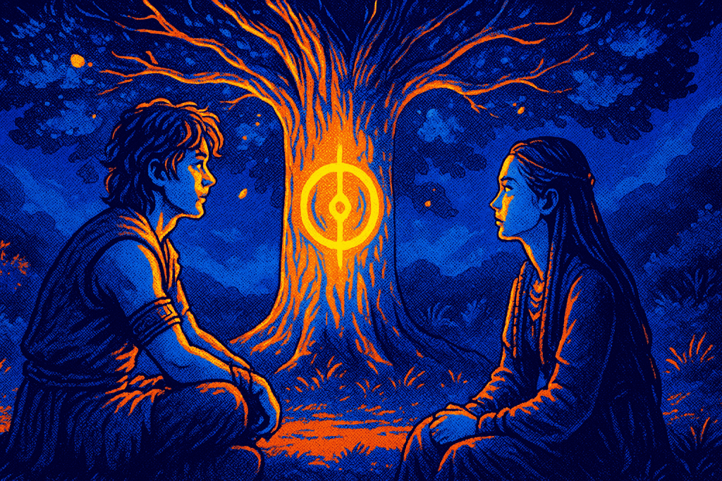 Eunseom and Tanya facing prophecy under mystical tree.