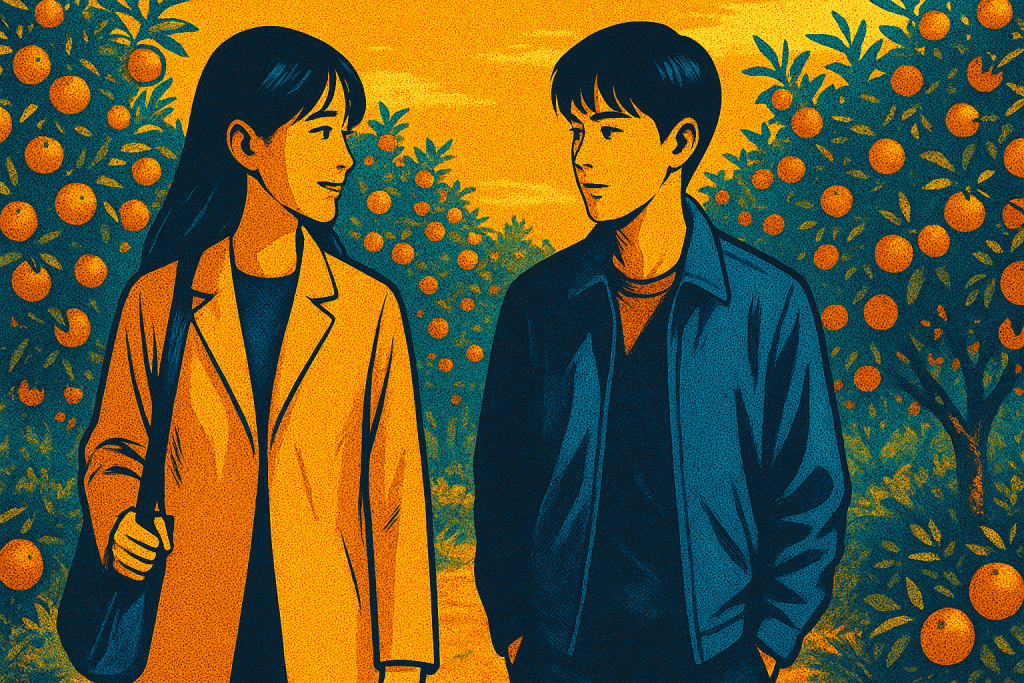 Cast talking with a tangerine background