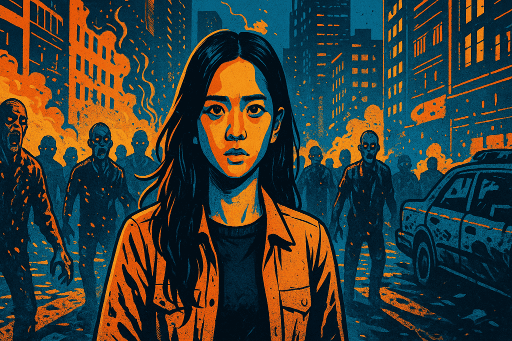 Jisoo stands tense amid chaotic zombie-infested city streets.