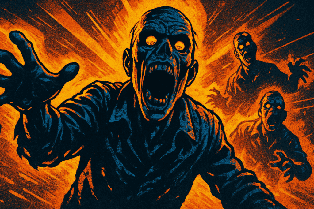 zombie attack in Newtopia scene with exaggerated cinematic lighting.