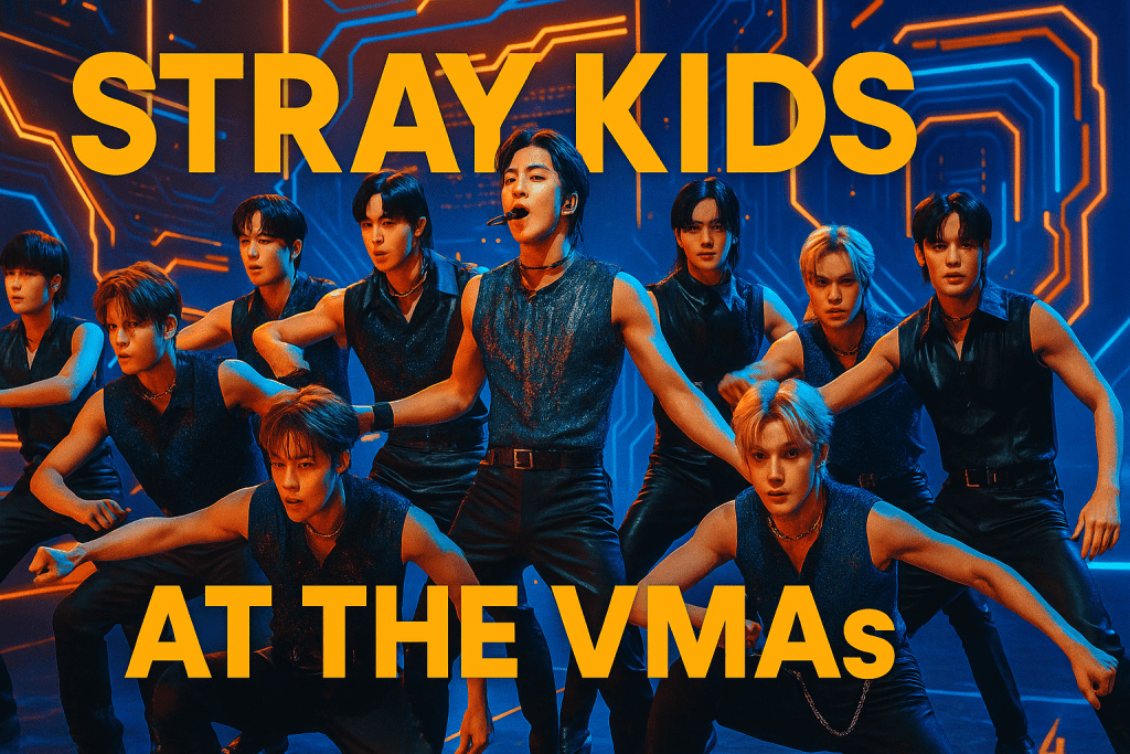 Stray Kids performing “S-Class” at the 2023 MTV VMAs, cyberpunk-inspired stage with yellow, orange, and blue lights