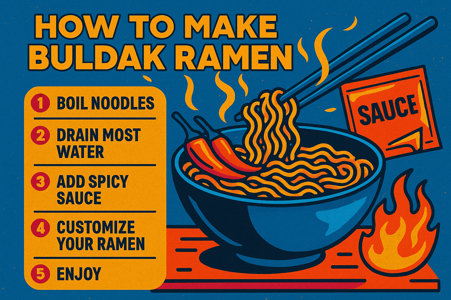 How to Make Buldak Ramen — cyberpunk-pop style infographic in yellow, orange, and blue showing a steaming ramen bowl with fiery chili peppers, chopsticks, a sauce packet, and a step-by-step guide.