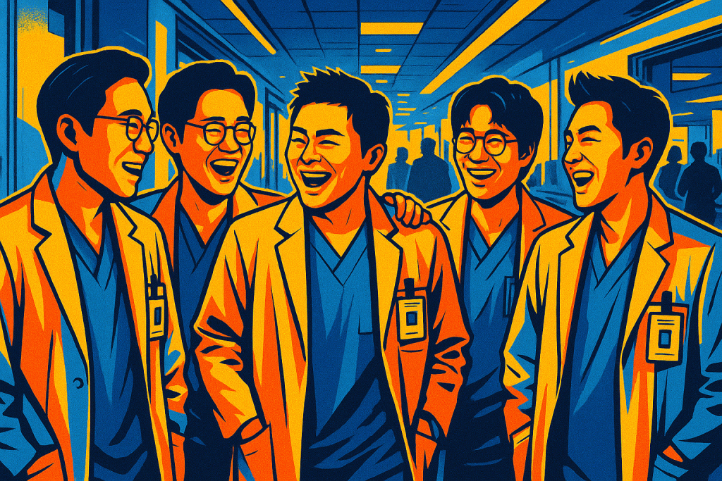 Doctors share laughter inside busy hospital corridor.