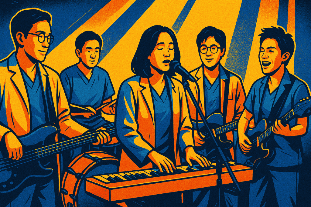 Cast heartfelt band practice with instruments on stage.